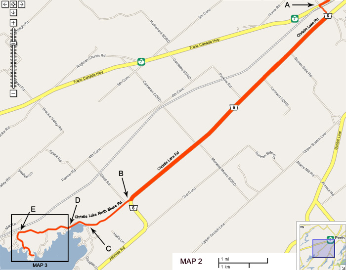 Map 2: the route from the Glen Tay Road lights at marker A, down Christie Lake Road to marker B, then west along Christie Lake North Shore Road past markers C, D and E inside a box labelled Map 3.