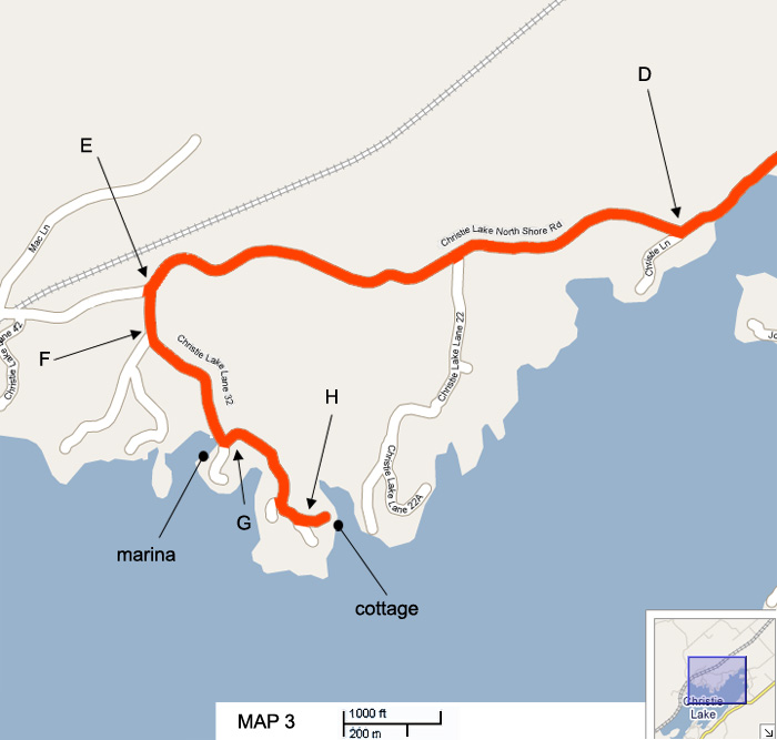 Map 3: close detail of the final stretch — the route along Christie Lake North Shore Road past marker D, left at markers E and F onto Christie Lake Lane 32, past the marina at marker G, and left at marker H to the cottage on the shore.