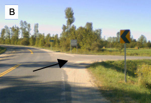 Waypoint B: a paved road curving left, with an arrow pointing to the gravel turn-off on the right onto Christie Lake North Shore Road, marked by a yellow chevron sign.