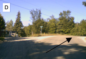 Waypoint D: a gravel road with a side road branching off, an arrow indicating to continue straight ahead rather than turn.