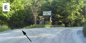 Waypoint E: a Y-shaped gravel junction in the trees with a cluster of signs on a post, an arrow pointing to the left-hand fork.